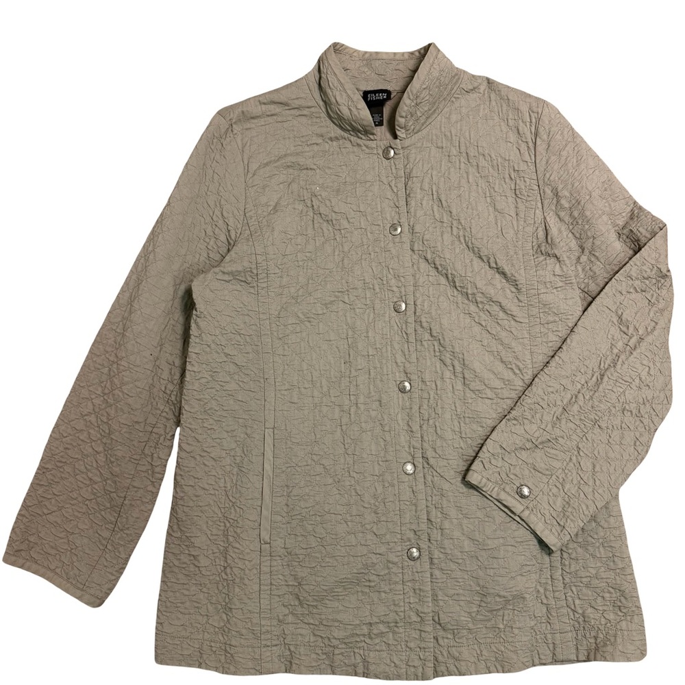 Eileen Fisher organic cotton quilted snap jacket in a taupe. Size M
